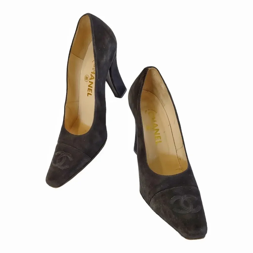 CHANEL Black Suede High Heel Pumps US size 9 Squared Heel EU Size 39.5 Luxury